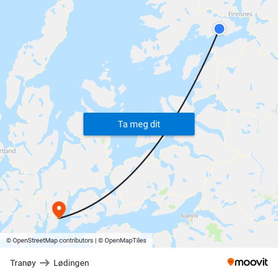 Tranøy to Lødingen map