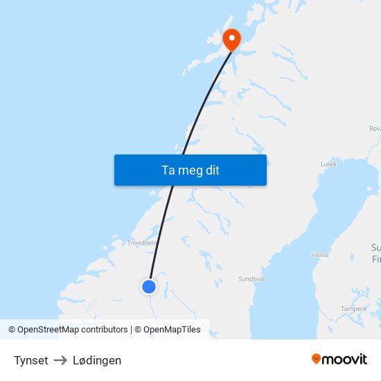 Tynset to Lødingen map