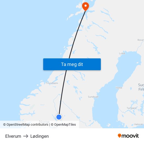 Elverum to Lødingen map
