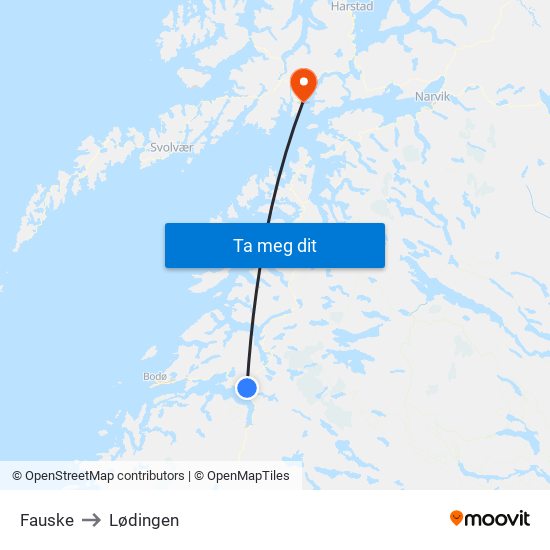 Fauske to Lødingen map