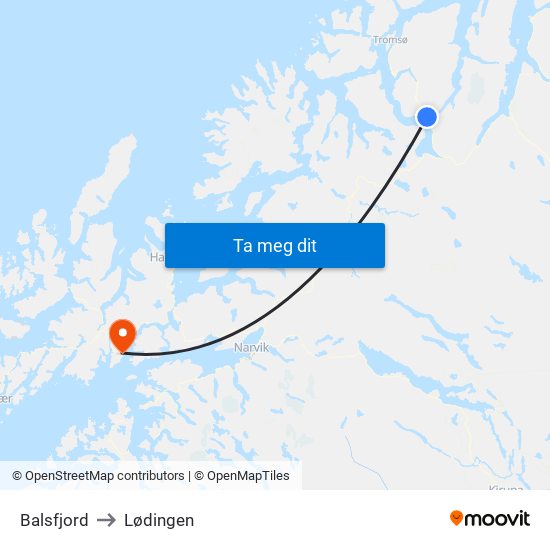 Balsfjord to Lødingen map