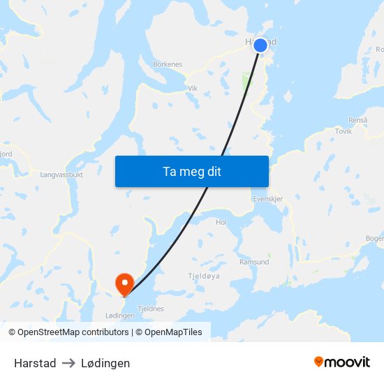 Harstad to Lødingen map