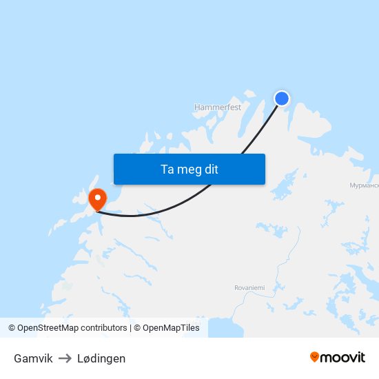 Gamvik to Lødingen map