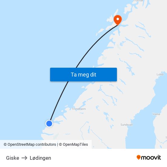 Giske to Lødingen map