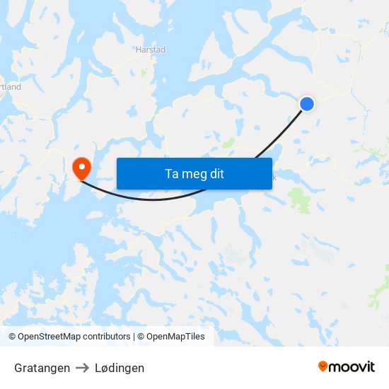 Gratangen to Lødingen map