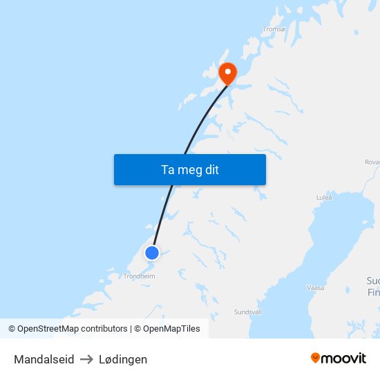 Mandalseid to Lødingen map