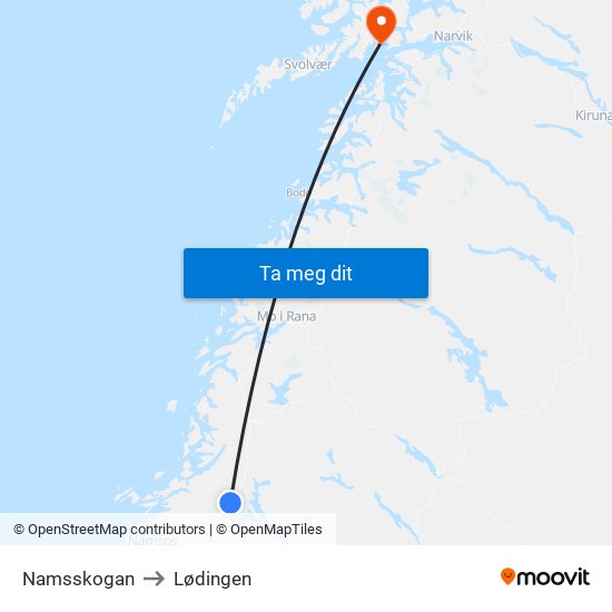 Namsskogan to Lødingen map