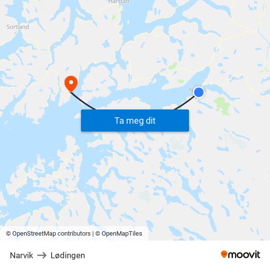 Narvik to Lødingen map