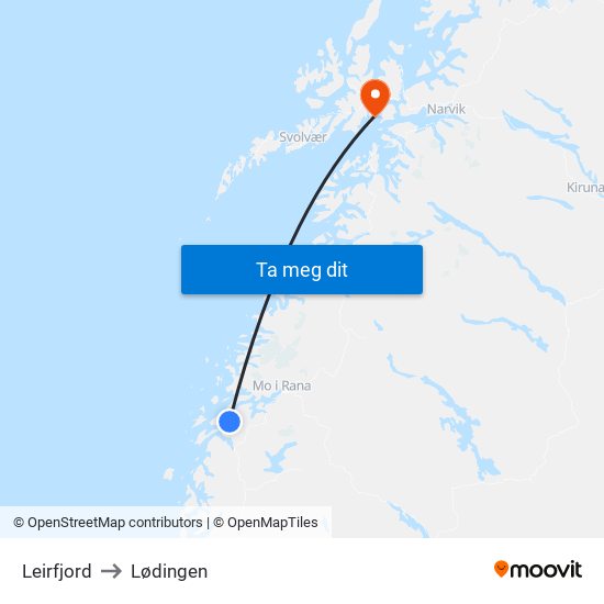 Leirfjord to Lødingen map