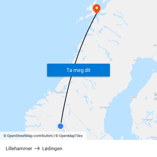 Lillehammer to Lødingen map