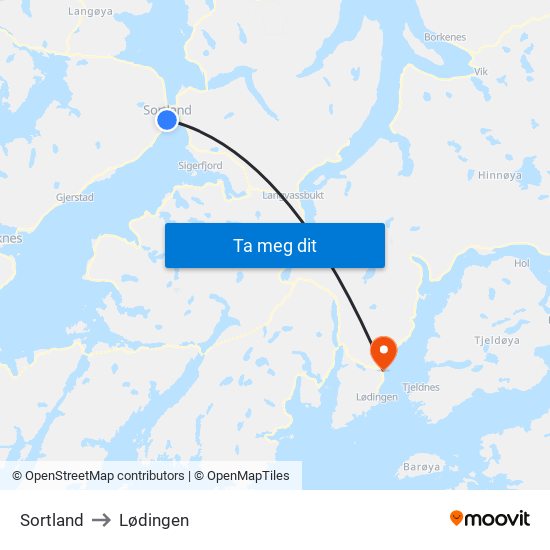 Sortland to Lødingen map