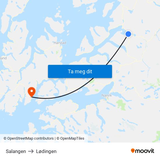 Salangen to Lødingen map