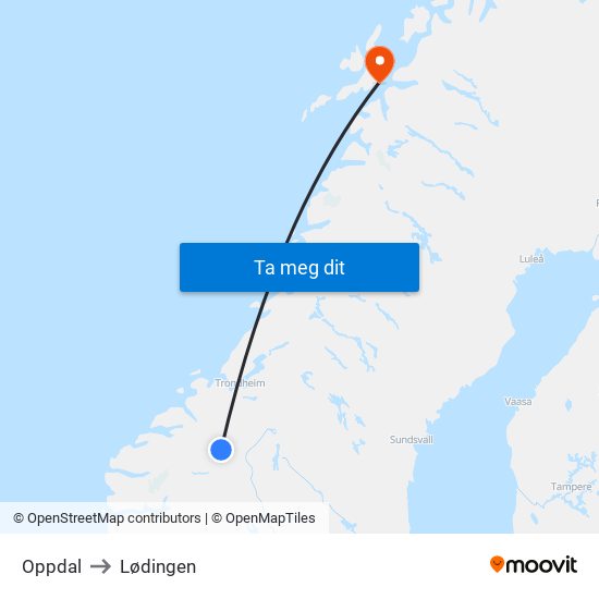 Oppdal to Lødingen map