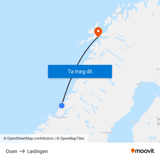 Osen to Lødingen map