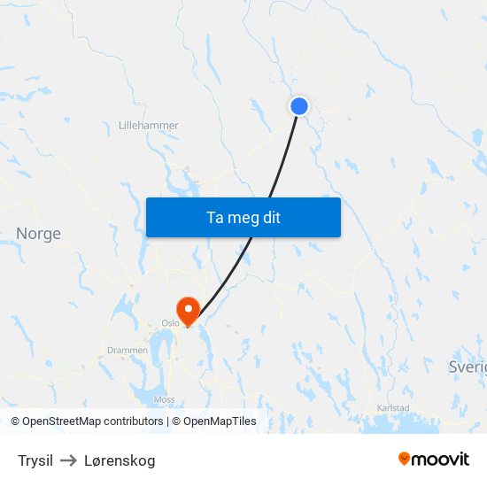 Trysil to Lørenskog map