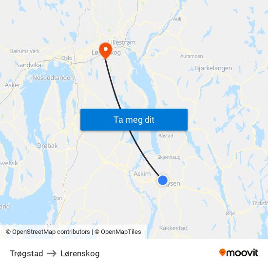 Trøgstad to Lørenskog map