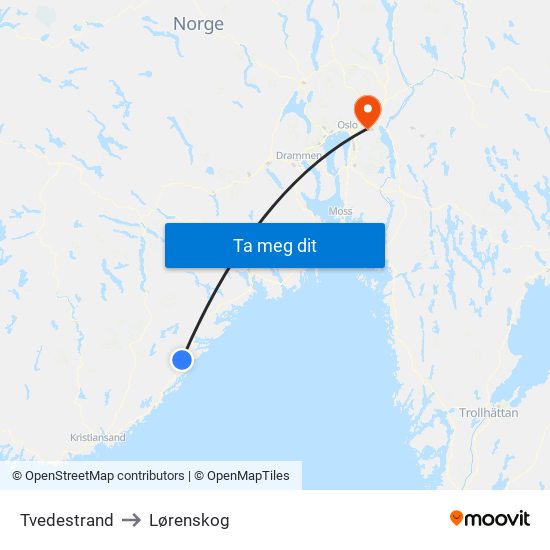 Tvedestrand to Lørenskog map