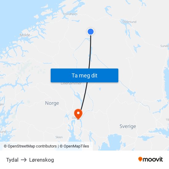 Tydal to Lørenskog map