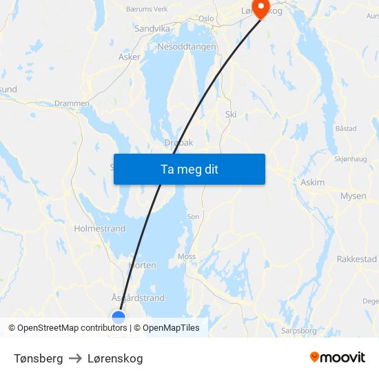 Tønsberg to Lørenskog map