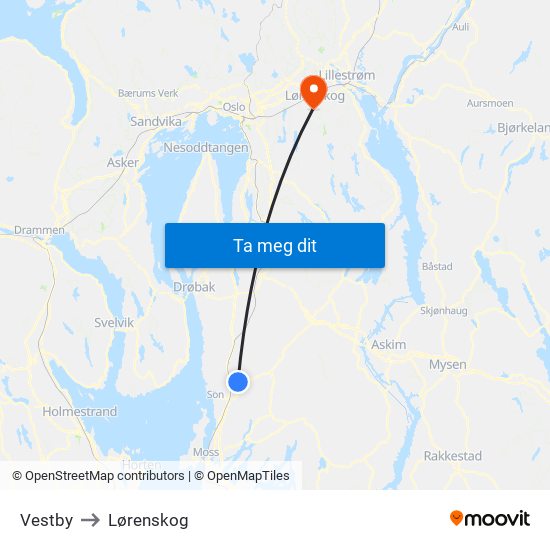 Vestby to Lørenskog map