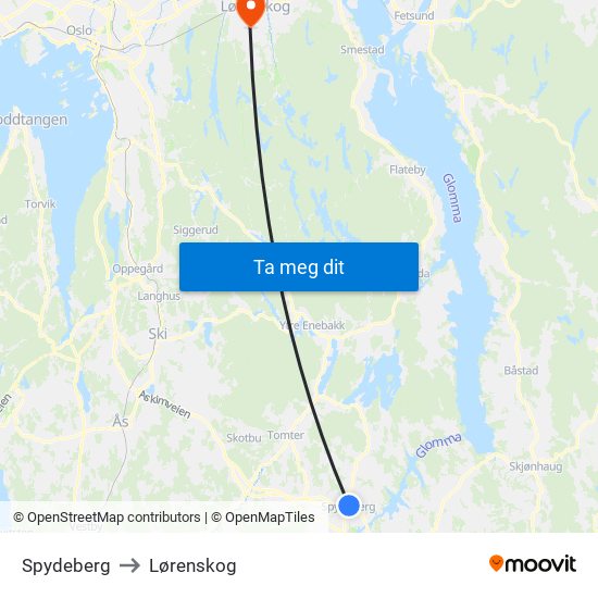 Spydeberg to Lørenskog map