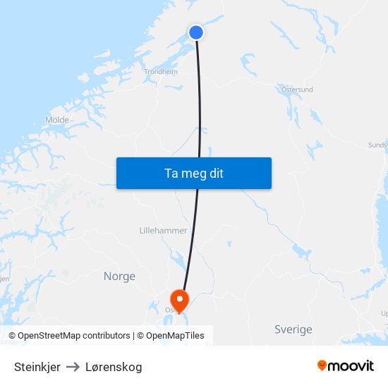 Steinkjer to Lørenskog map