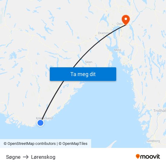 Søgne to Lørenskog map