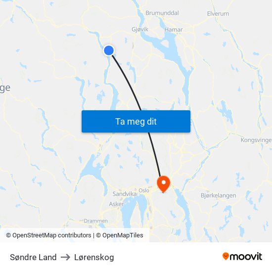 Søndre Land to Lørenskog map