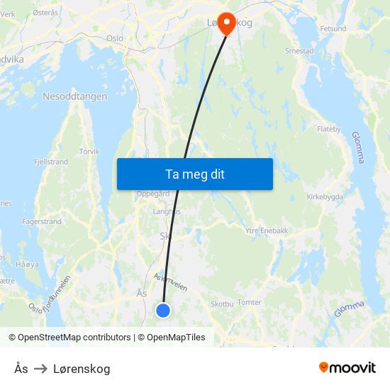 Ås to Lørenskog map