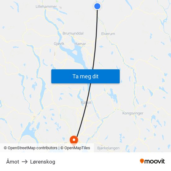 Åmot to Lørenskog map