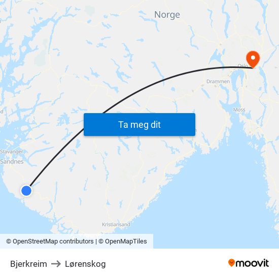 Bjerkreim to Lørenskog map