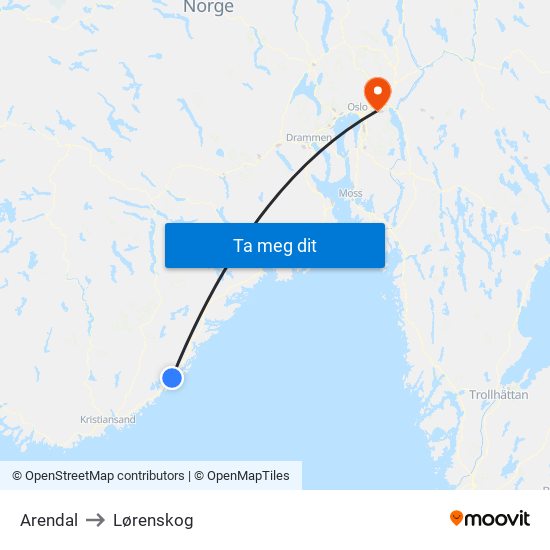 Arendal to Lørenskog map
