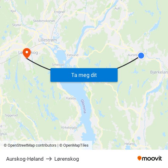 Aurskog-Høland to Lørenskog map