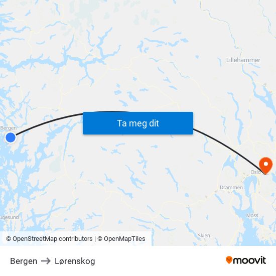 Bergen to Lørenskog map