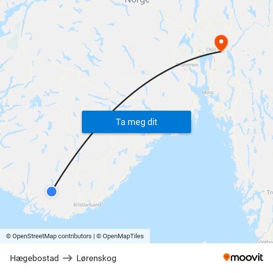 Hægebostad to Lørenskog map