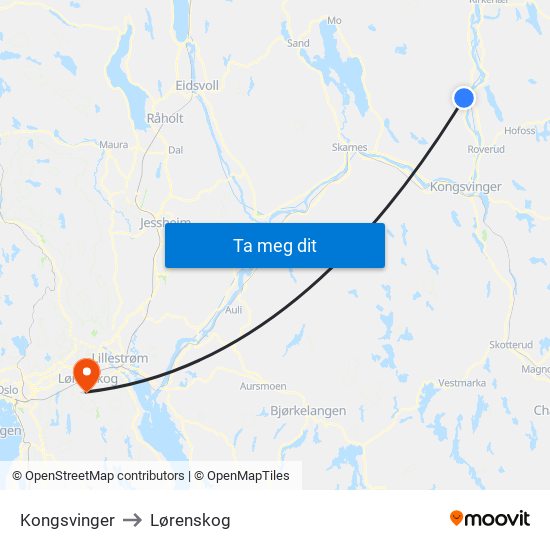 Kongsvinger to Lørenskog map