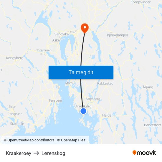 Kraakeroey to Lørenskog map