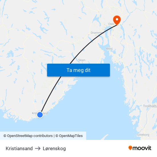 Kristiansand to Lørenskog map