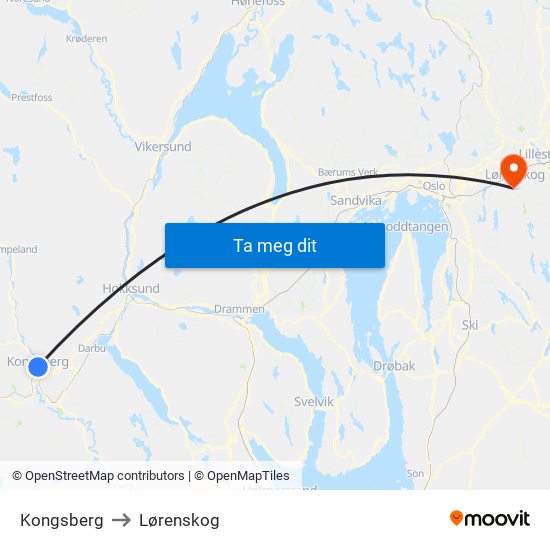 Kongsberg to Lørenskog map