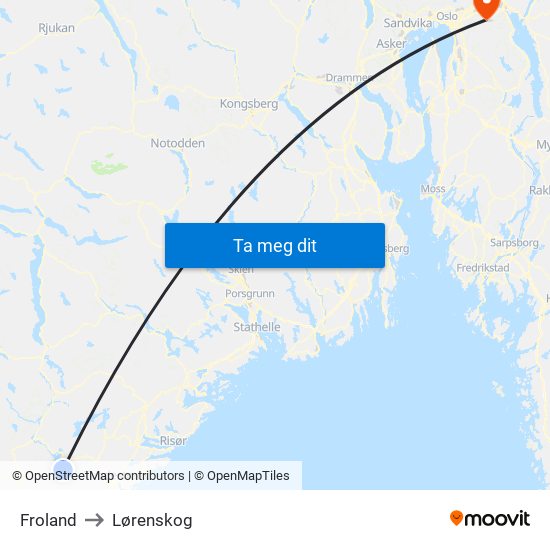 Froland to Lørenskog map