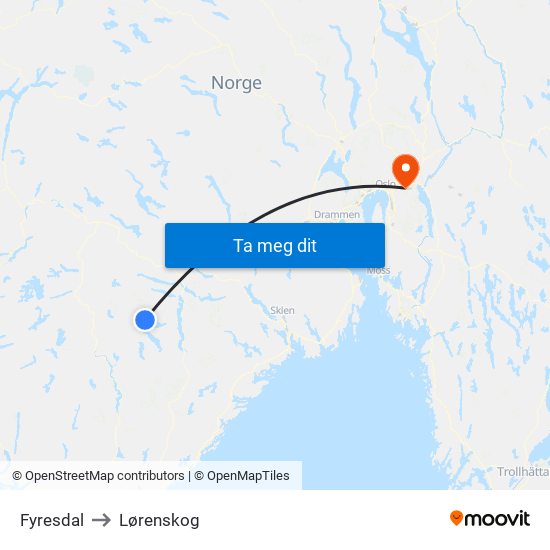 Fyresdal to Lørenskog map