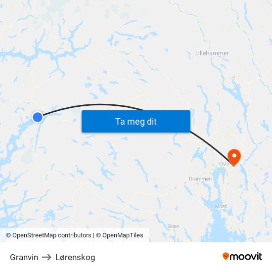 Granvin to Lørenskog map
