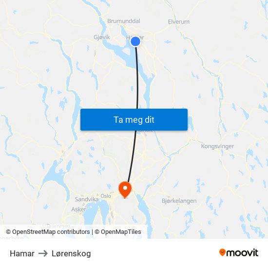 Hamar to Lørenskog map