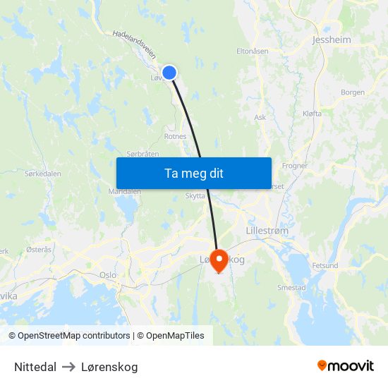 Nittedal to Lørenskog map