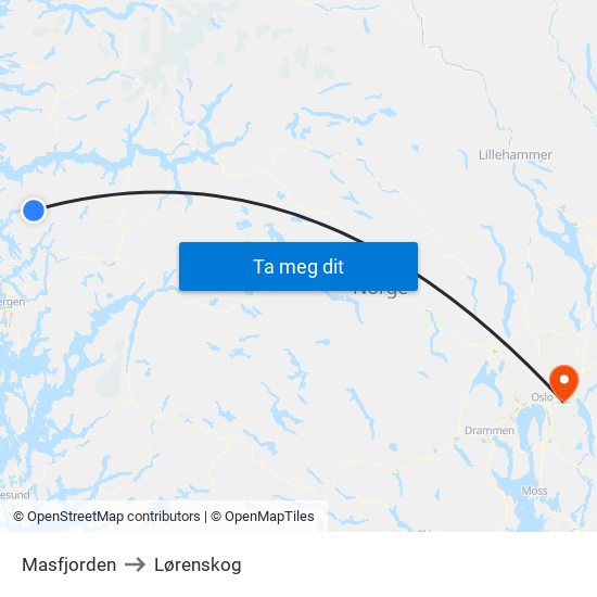 Masfjorden to Lørenskog map