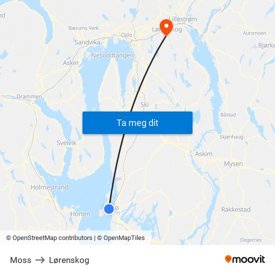 Moss to Lørenskog map