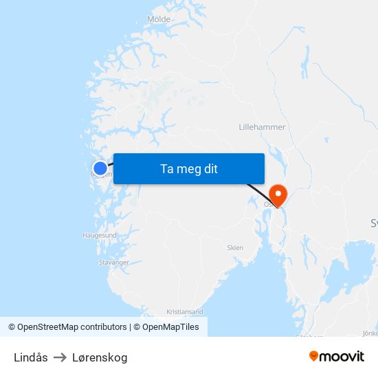 Lindås to Lørenskog map