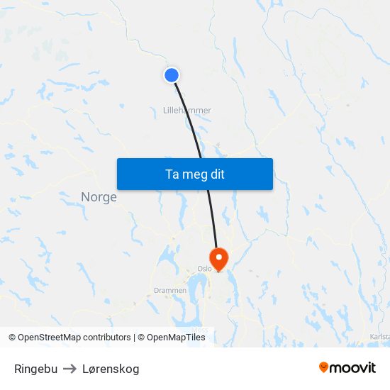 Ringebu to Lørenskog map