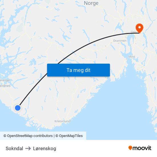 Sokndal to Lørenskog map