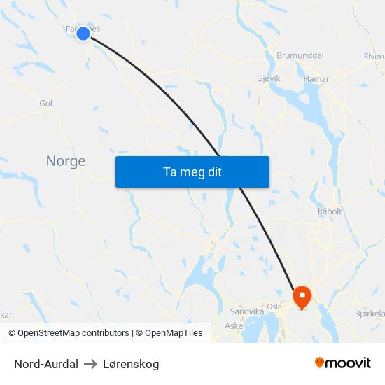 Nord-Aurdal to Lørenskog map